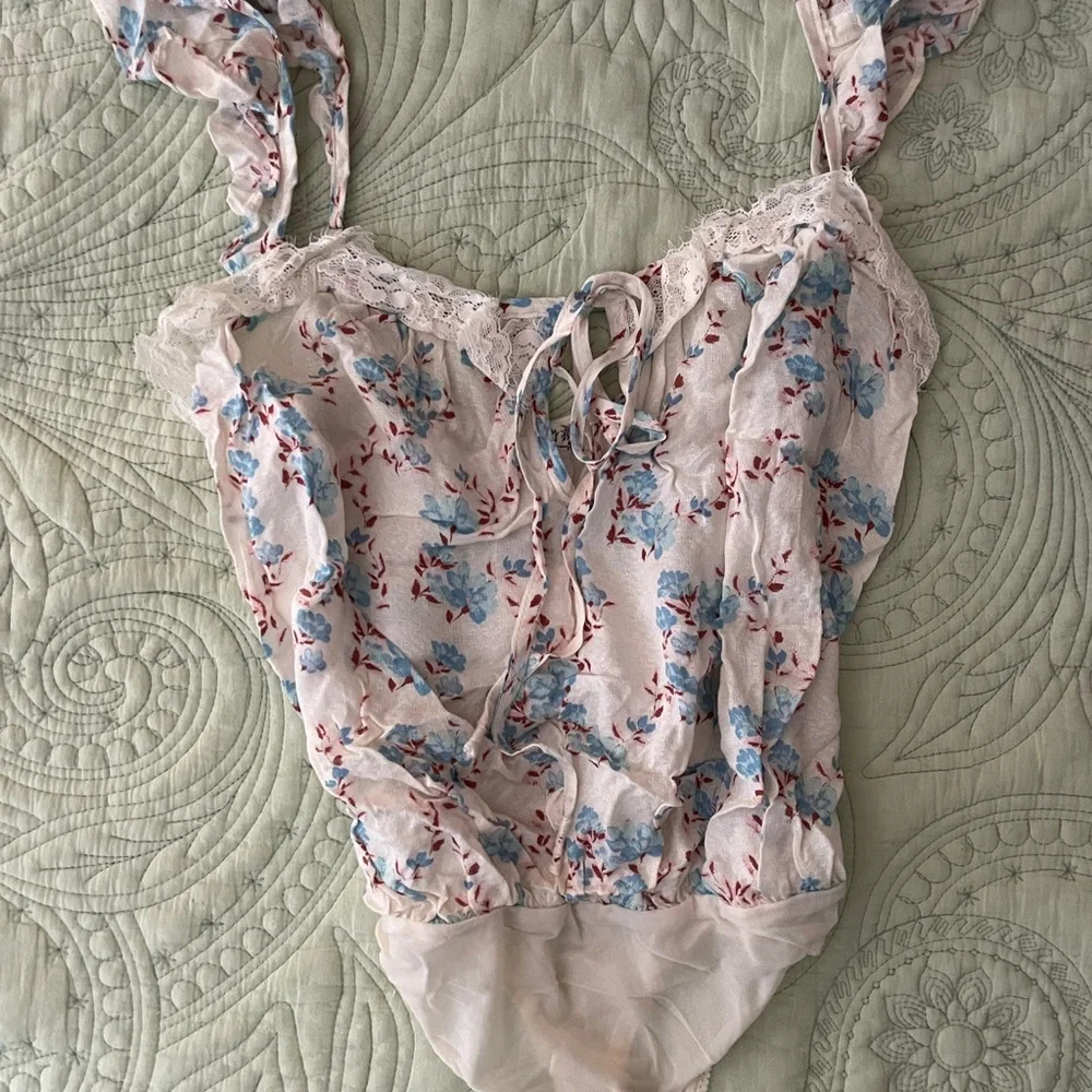 Free People Floral Lace Bodysuit - Cream and Blue